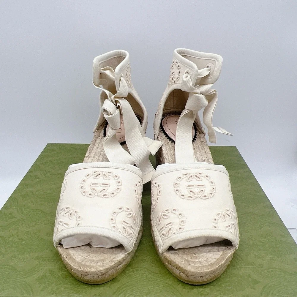 Gucci GG Damita Espadrille Wedge Sandal Eyelet Beige Canvas EU 36.5 US 6.5